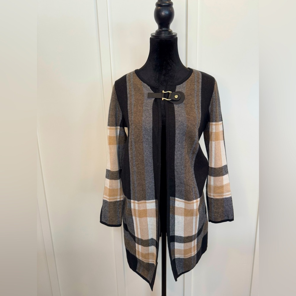 Anne Klein Black Tan Gray Cream Ivory Plaid Cardigan Long Sweater Small S CT